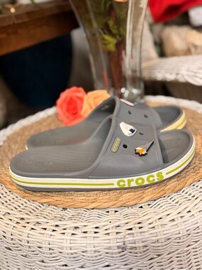 CROCS Grey Slip-On Sandals with Lime Accent